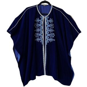 Diamantine Royal Blue Velvet Embroidered Beaded Cape Poncho Kaftan OS